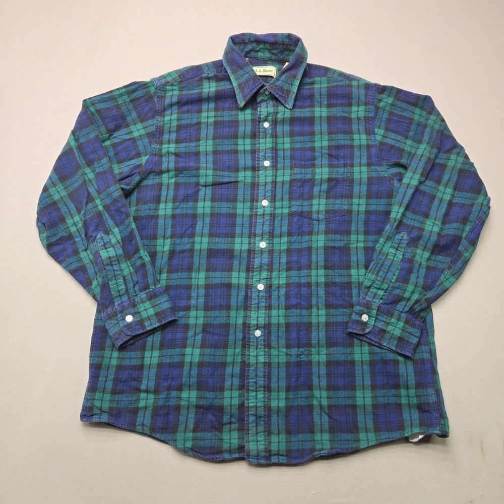 L.L. Bean Flannel Shirt Black Watch Plaid Cotton Button Down Green Mens Large L